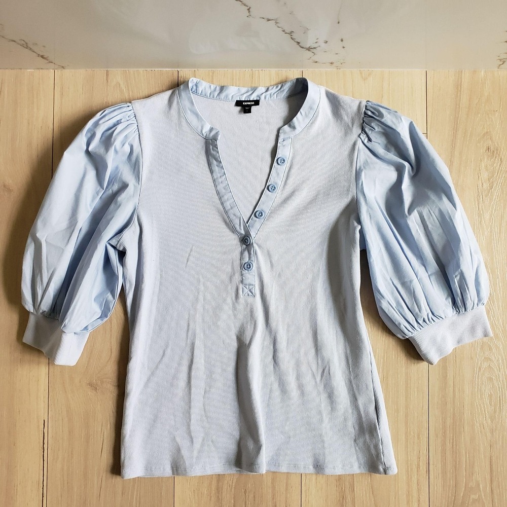 Express Shirt Womens L Blue Puff Sleeve Henley Rib Knit Jersey Spring Casual